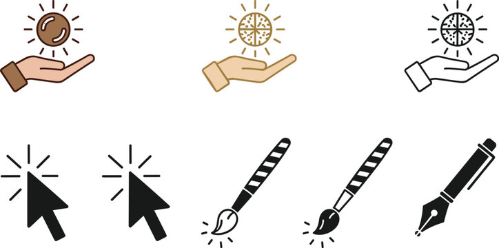 Minimal line icon set with hand holding sun, cursor clicks and drawing tools including brush and pen for creative UI design