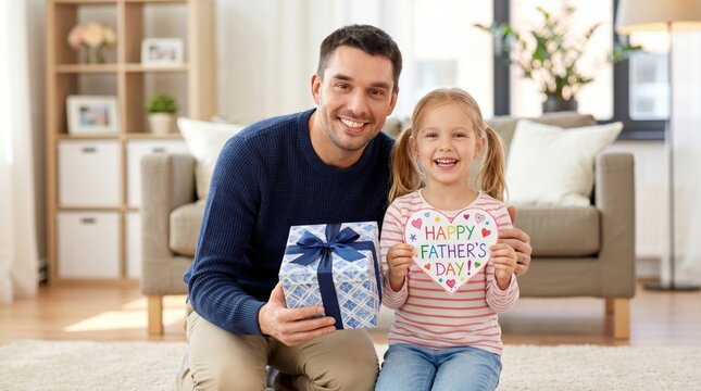 Happy father and little girl celebrating father's day with gifts indoors.