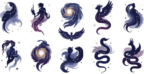 Fototapeta premium Mythical creatures and galaxy elements set with mermaid, phoenix, dragon and cosmic swirls in magical style for fantasy illustration and astrology design
