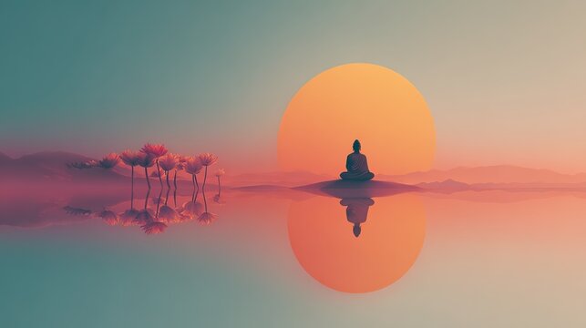 Meditative Nonviolence Reflection Serene Nature Landscape Digital Illustration Tranquil Environment Minimalist Viewpoint Ahimsa Philosophy Concept Inspired by Jainism