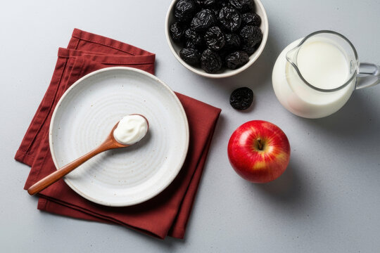 Healthy Breakfast Ingredients Flat Lay with Yogurt Prunes Apple and Milk on Light Background