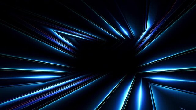 Neon blue light beams slicing through dark space. Glowing geometric lines bend and converge like laser projections across walls and ceiling. Futuristic background for tech visuals. Seamless loop. 4K