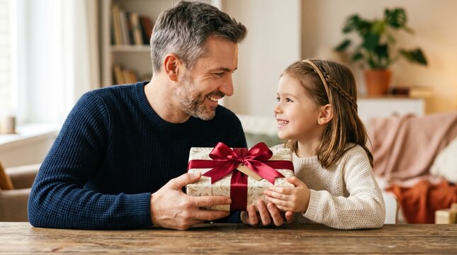 A smiling father receives a gift from his little girl on father's day at home.