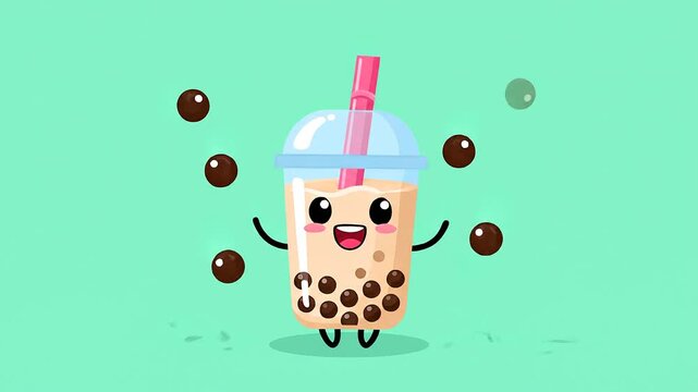 Cute Boba Tea Character Juggling Tapioca Pearls Fun Animation.