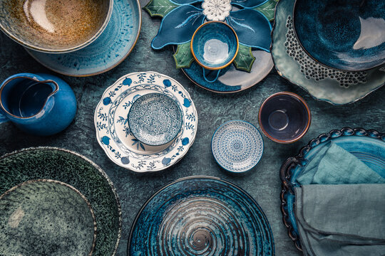 Stoneware and kitchenware in blue and grey tones, pottery