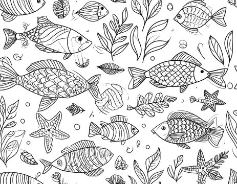 Black and white underwater pattern.  Many outlined fish, aquatic plants, and sea stars fill the background.  Detailed line work creates a whimsical, intricate design