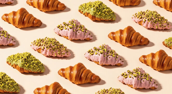 Assorted plain and pink pistachio glazed croissants in a pattern