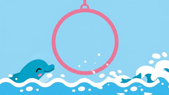 Cute cartoon dolphin jumping through a hoop in the ocean.