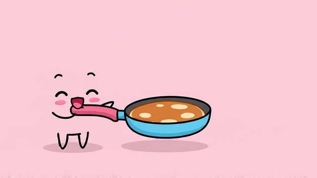 Cute Cartoon Pancake Character Flipping a Pancake in a Frying Pan.
