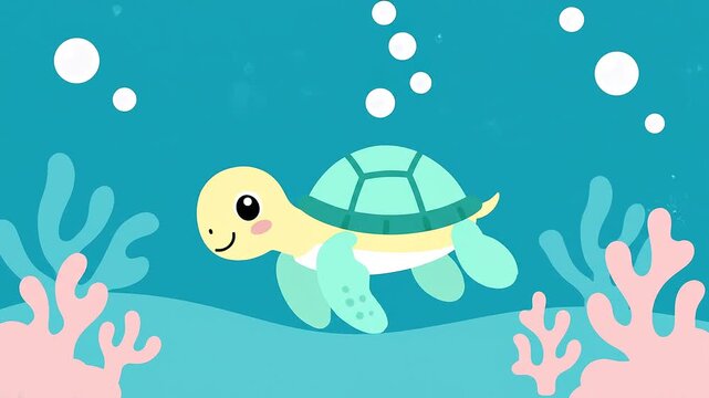 Cute cartoon turtle swimming underwater with coral and bubbles.