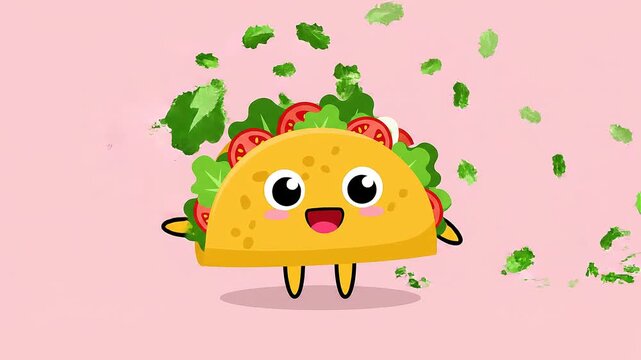 Cute Cartoon Taco Character with Happy Expression and Flying Greens.