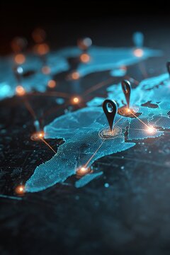 Dynamic Digital Mapping Interface Showcasing Global Location Pins Modern Technology Interactive UI Digital World Connectivity High-Tech Environment Eye-Level Perspective