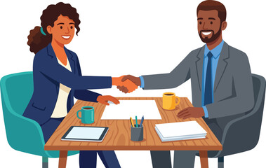Obraz premium Two professionals, a Black woman and a Black man, are shaking hands across a table in a business meeting.