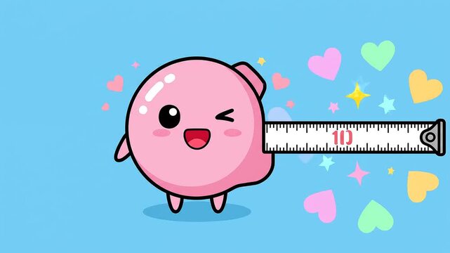 Cute Pink Piggy Bank Character with Measuring Tape Animation.