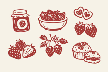 Strawberry doodle vector illustration set with jam bowl berries cupcake and cute hand drawn dessert icons © Saad Hassan