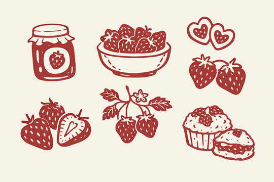 Strawberry doodle vector illustration set with jam bowl berries cupcake and cute hand drawn dessert icons