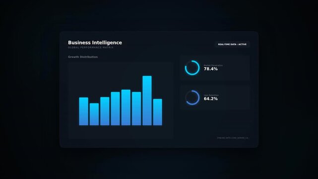 A sleek dashboard displaying business intelligence metrics with bar graphs and circular progress indicators