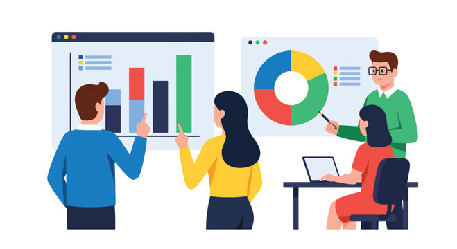 Business team analyzing data charts in office setting