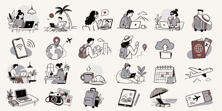 Digital Nomad Pack. Flexible Work and Travel Scene Set