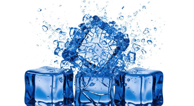 A hyperrealistic sapphire blue ice cube exploding into sharp shards on a transparent background with significant copy space. Concept for beverage advertising