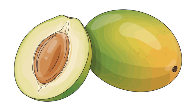 Illustration of a whole avocado and a halved avocado with pit on a white background.