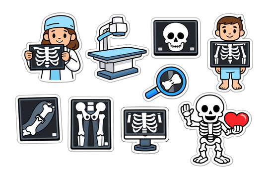 Cartoon medical x-ray stickers with children, skeletons, and radiology equipment.