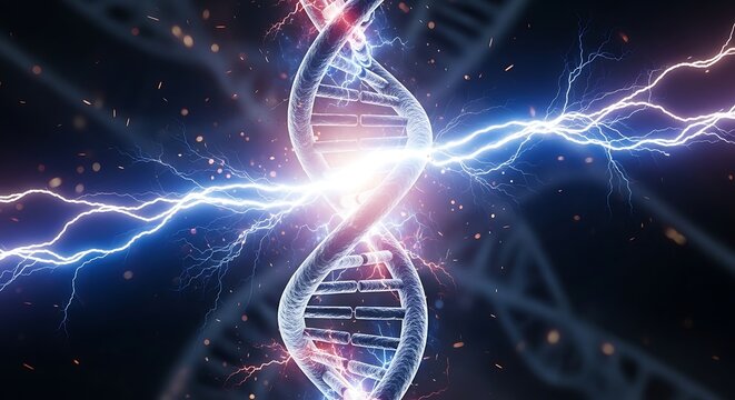 DNA double helix with electric lightning.