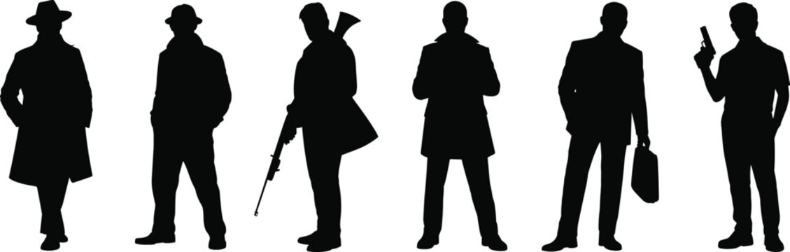 Set of mysterious professional secret agents and hitman silhouettes wearing coats and hats, holding weapons and briefcases, isolated flat vector illustration for action thriller concepts