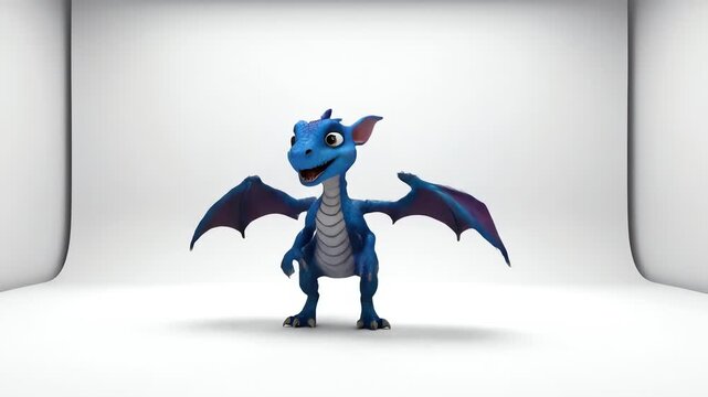 Cute blue dragon cartoon, 3D flying baby dragon character with wings, adorable fantasy creature animation isolated on white studio background, playful mythical animal render