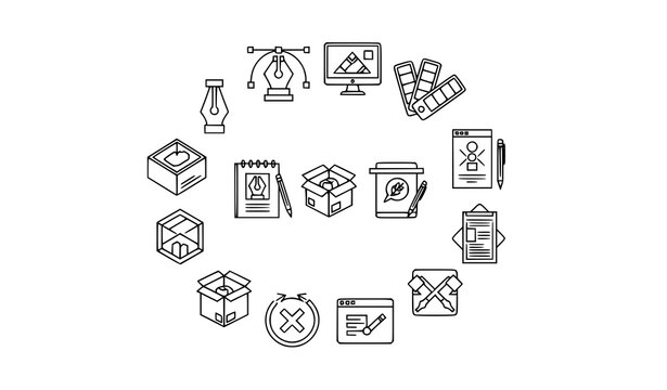 Creative process graphic design outline icons in circular layout with tools software and branding elements isolated on white