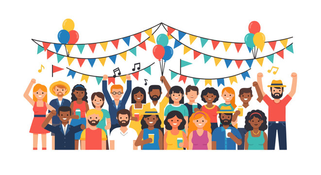 Diverse people celebrating with colorful balloons and flags