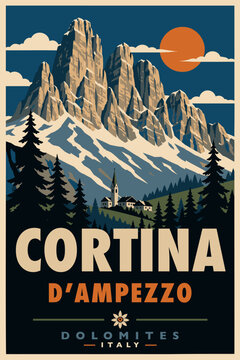 Retro vector illustration of Tofane peaks in Cortina d'Ampezzo Italy. Features a snowy alpine village and fir forest in a vintage travel poster style.
