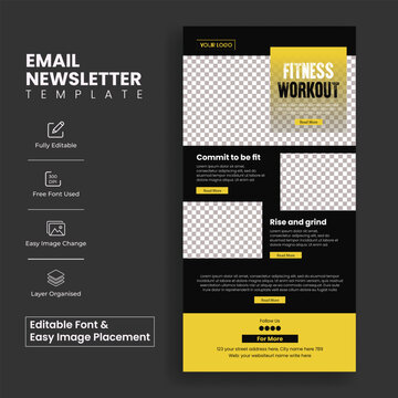 modern gym fitness email newsletter templates and UI UX website landing page designs with mobile app interface workout banners bodybuilding marketing and wellness header layout