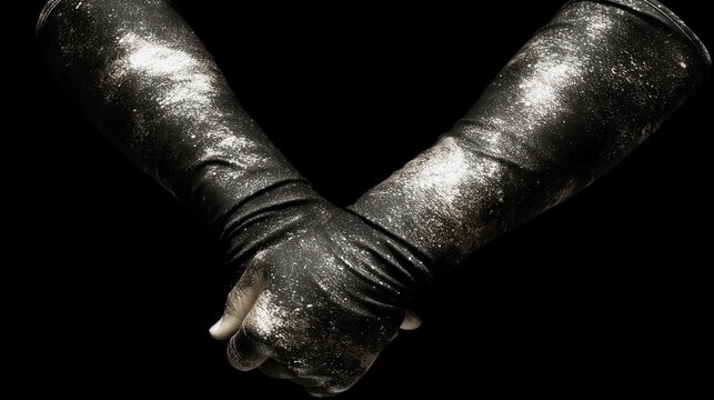 Close-up of ancient leather bracers crossed on a black background.
