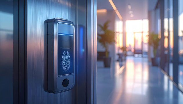 Biometric access control fingerprint scanner security system office entrance modern technology digital authentication door lock smart device