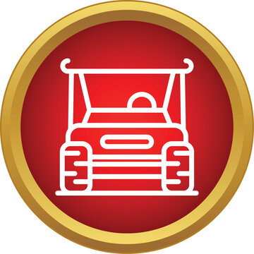 Golf cart icon in white line art presented on a red circle with a golden frame