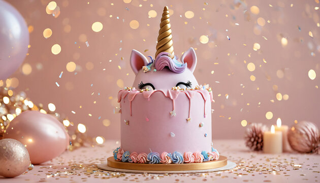 Rosa Einhorntorte mit gl&auml;nzender Glasur und Kerzenschein