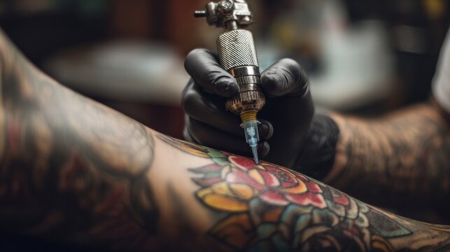 Close-up of Tattoo Artist Applying Ink to Clients Arm with Flower Design.