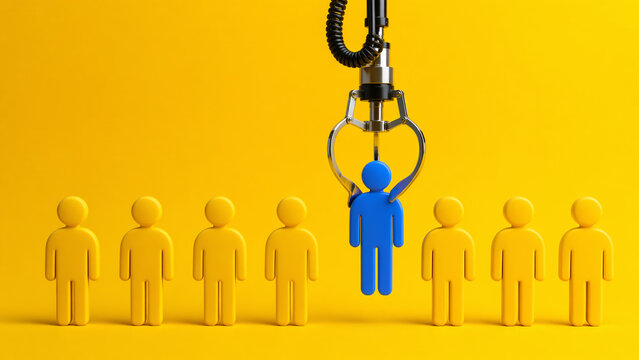 Robotic claw selecting candidate from group for recruitment and talent acquisition concept