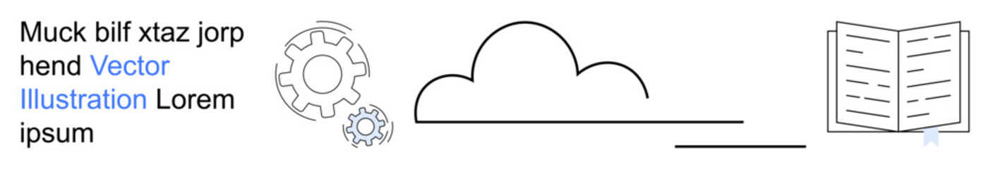 Fototapeta premium Cloud computing, data storage, workflow automation, digital learning, software management, education systems. Minimal line art with cloud, gears and open book. Cloud computing and data storage