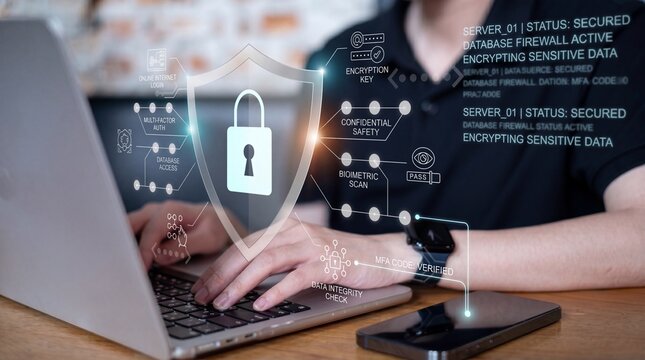 A person working on a laptop with a secure online interface displayed