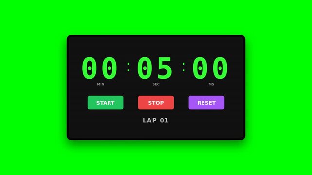 A digital stopwatch displaying countdown with start, stop, and reset buttons against a green background
