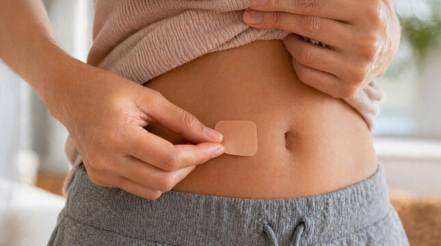Hormonal contraceptive patch applied on woman abdomen close up, birth control and hormone therapy concept