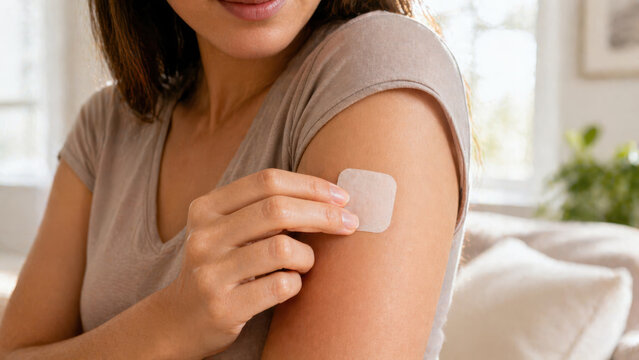 Woman applying hormonal patch on shoulder, birth control and hormone therapy lifestyle concept
