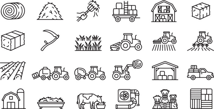 Comprehensive collection of hay harvesting and forage production line icons featuring tractors balers barn storage livestock feeding and agricultural machinery for efficient ranching,