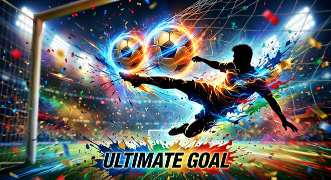 Dynamic soccer player kicking balls, ultimate goal, sports action, football stadium