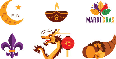 Collection of international holiday and festival icons featuring religious symbols, cultural celebrations, seasonal traditions, and festive elements for global event design projects and graphics. © Sagor