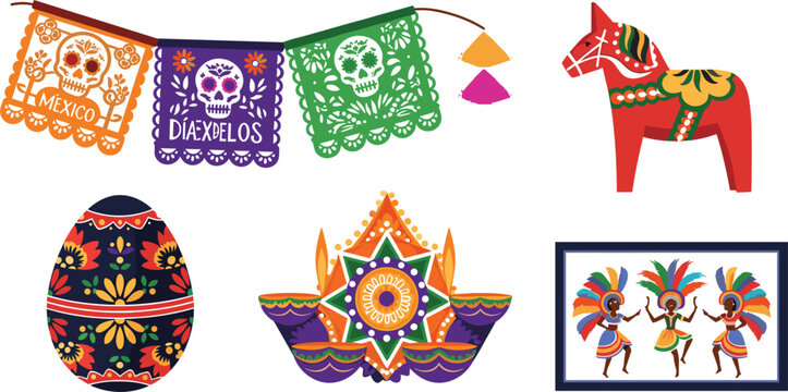 Collection of international cultural festival icons featuring Mexican Day of the Dead banners, Swedish Dala horse, decorative Easter eggs, Indian Diwali lamps, and carnival dancers.