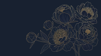 Elegant golden line art illustration of peony flowers on a dark blue background © S.Siam