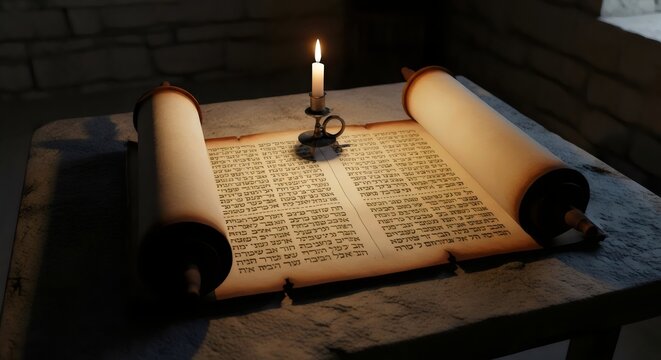 Open parchment scroll with Hebrew text illuminated by candlelight representing faith and cultural heritage
